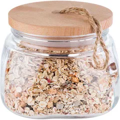 Банка «Вуди» квадратная с крышкой стекло,дерево 1л ,H=11,L=14,B=14см прозр.,бежев., изображение 2