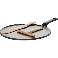 Pan for pancakes with spatula and spatula  cast iron, wood  D=300, H=45, L=430mm  black, beige.