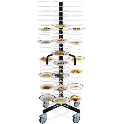 Стенд фуршетный на колесах, 96 тарелок D=24-31см сталь нерж.,пластик ,H=180,L=77,B=77см белый