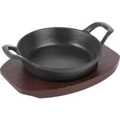 Frying pan for fajitas “Amber Cast Matt”  cast iron, wood  D=160, H=47mm  black, dark wood