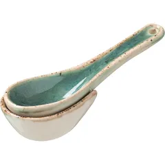 Spoon for miso soup “Erboso Reativo” with stand  porcelain , H=3, L=14cm  malachite, cream.