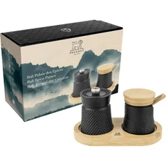 Набор для специй «Бали» мельница для перца + солонка + подставка чугун,бамбук ,H=8см черный,св. дере, изображение 2