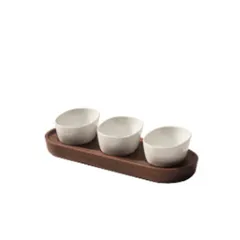 Salad bowl for a compliment on a stand [3 pcs]  porcelain, walnut  85 ml , H=65, L=260, B=100mm  white, dark wood