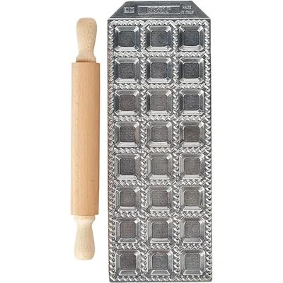 Форма для равиоли 2,5х2,5см со скалкой[24шт] алюм.литой,дерево ,H=15,L=280,B=103мм
