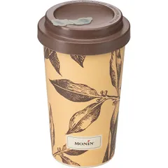 Glass for hot drinks with lid  bamboo  470 ml  D=8, H=15 cm  apricot, chocolate.