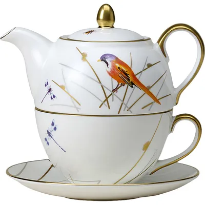 Набор посуды «Рид» чайник, чашка и блюдце[3шт] кост.фарф. белый,золотой, изображение 5