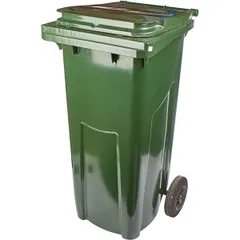 Garbage container on rubber wheels  plastic  120 l , H=95, L=48, B=48cm  green.