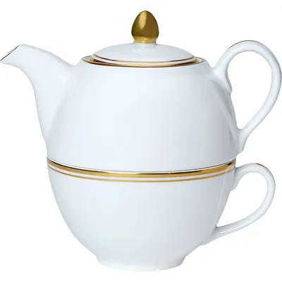 Набор посуды «Беништ Голд» чайник, чашка и блюдце[3шт] кост.фарф. белый,золотой, изображение 3