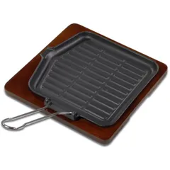 Grill pan on a stand  cast iron, wood , H=4, L=28/19, B=26cm  black, light brown.