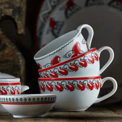 Чашка чайная «Мезень» Классик Лебеди фарфор 250мл D=105/133,H=57мм белый,красный, изображение 2