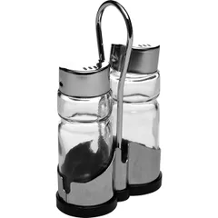 Salt/pepper set on a stand  glass, stainless steel  35 ml , H=125, L=80, B=37mm  silver, clear.