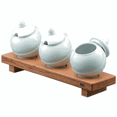 Set of containers for jam and nuts on a stand [3 pcs]  porcelain, wood , H=20.5, L=45, B=12.5cm