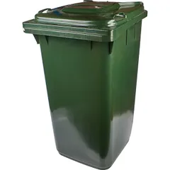 Garbage container on rubber wheels  plastic  240 l , H=119, L=58, B=74 cm  green.