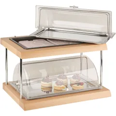 Buffet display case 2 tiers, b/lid with 4 cooling elements  wood, polycarbonate , H=33, L=61, B=38.3 cm  transparent, metal