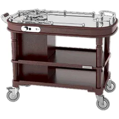 Serving trolley for flambé, 3 tiers  stainless steel, wood , H=89.5, L=122, B=58.5 cm  mahogany