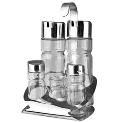 Set for spices oil, vinegar, salt, pepper  stainless steel, glass , H=19.5, L=13, B=10.5 cm  silver.