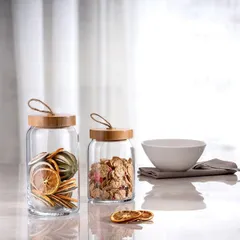 Банка «Вуди» круглая с крышкой стекло,дерево 1,13л D=90,H=178мм прозр., изображение 3