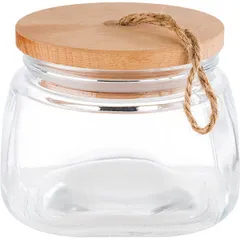 Square jar with lid “Woody”  glass, wood  1 l , H=11, L=14, B=14cm  clear, beige.