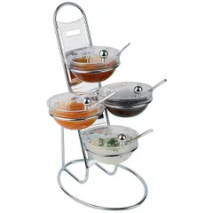 Shelf + 4 salad bowls from the roofs. d=14cm  chrome steel, glass , H=48, L=30, B=30cm  metallic, transparent.