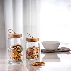 Банка «Вуди» круглая с крышкой стекло,дерево 0,86л D=90,H=138мм прозр., изображение 2