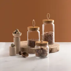 Банка «Вуди» круглая с крышкой стекло,дерево 0,575л D=90,H=95мм прозр., изображение 4