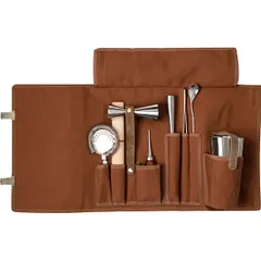 Bar set “Motivo” rolled up (10 items)  stainless steel, fabric  silver, brown.