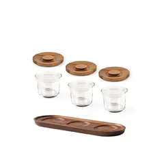 Buffet container on a stand [3 pcs]  glass, walnut  0.5 l  D = 12.5, H = 11, L = 45, B = 14.5 cm  transparent, wooden.