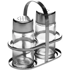 Salt/pepper set on a stand  stainless steel, glass  50 ml , H=100, L=105, B=55mm  silver, clear.