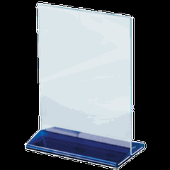 Table stand for menu A4 blue base  plastic , H=310, L=215, B=95mm  transparent, blue