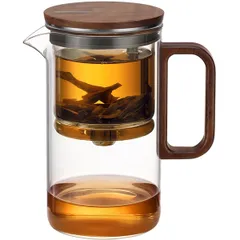 Чайник заварочный «Гунфу» с фильтром стекло,дерево 0,5л ,H=14,8см прозр.,коричнев., изображение 2