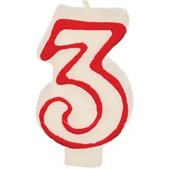 Birthday number candle “3” wax ,H=16,L=144/74,B=84mm white,red