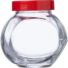 Банка круглая с крышкой «Бэлла» стекло,пластик 200мл D=75,H=83мм прозр.,красный