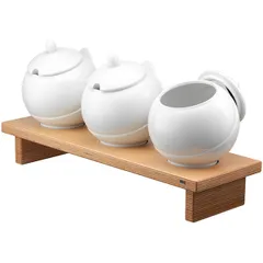 Set of containers for jam and nuts on a stand [3 pcs]  porcelain, wood , H=39.3, L=75, B=25cm