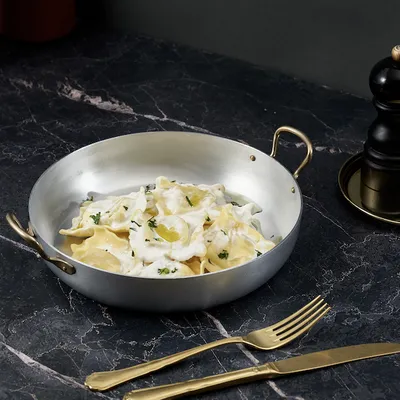 Сковорода для подачи «Арго» с двумя ручками алюмин.,латунь 1,2л D=230,H=45мм серебрист., изображение 5