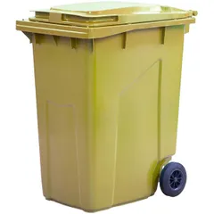 Garbage container on rubber wheels  plastic , H=119, L=58, B=74 cm  yellow.