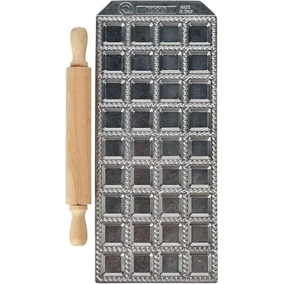 Форма для равиоли 2,5х2,5см со скалкой[36шт] алюм.литой,дерево ,H=15,L=310,B=135мм