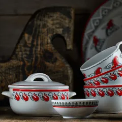 Горшок для запекания «Мезень» Классический Лебеди фарфор 350мл D=115/145,H=53мм белый,красный, изображение 2