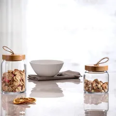 Банка «Вуди» круглая с крышкой стекло,дерево 0,575л D=90,H=95мм прозр., изображение 2