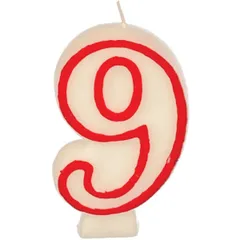 Birthday number candle “9” wax ,H=16,L=144/74,B=84mm white,red